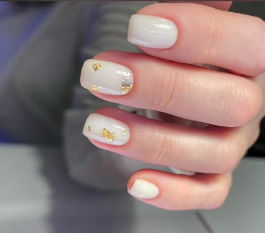 Short Square White Structured Gel Manicure with Gold Flakes Accent Nails